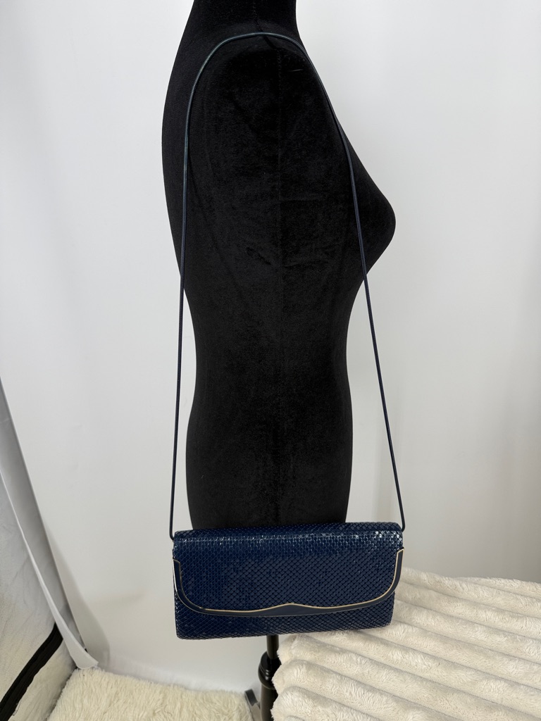 Navy Woven Leather Shoulder Clutch With Gold-Tone Trim